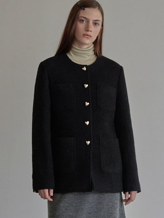 Heart button half coat - Black