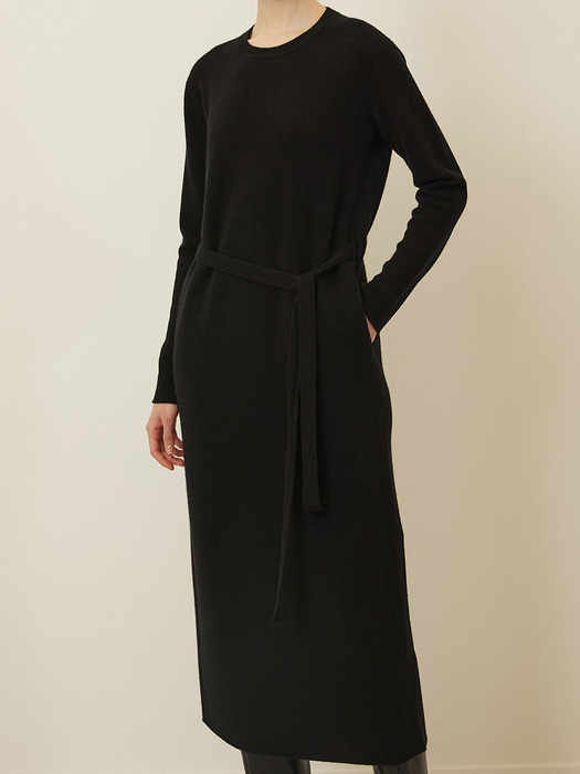 Cashmere Blend Belted Knit Dress Black