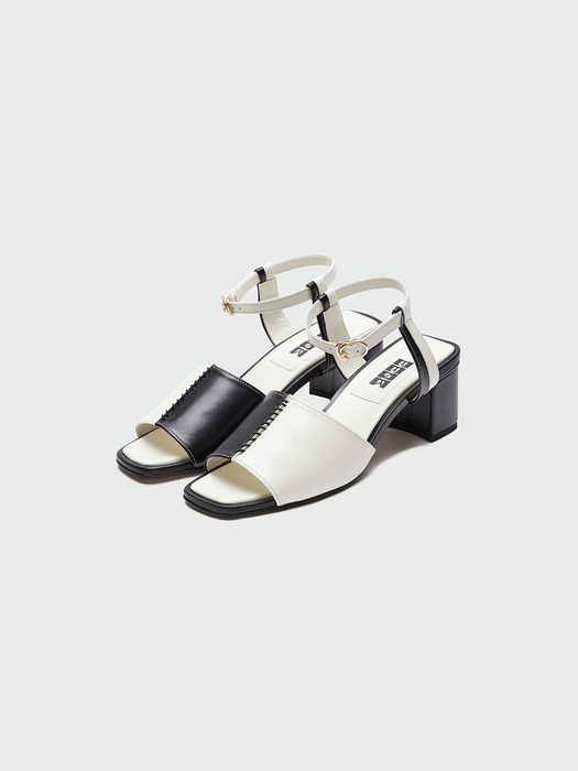 YINSLEY Open Toe Stitched Color Block Heels - Black/Ivory