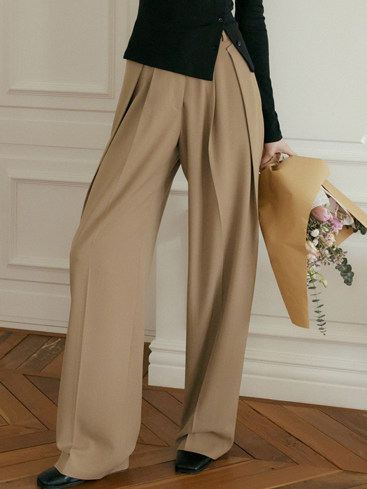 comos 1048 layered tuck wide slacks (beige)