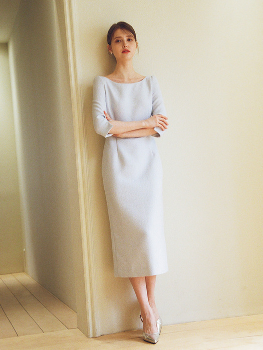 SERENA Boat neck Tweed Dress_Sky