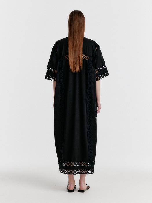 YONA Lace-trim Half-sleeve Dress - Black