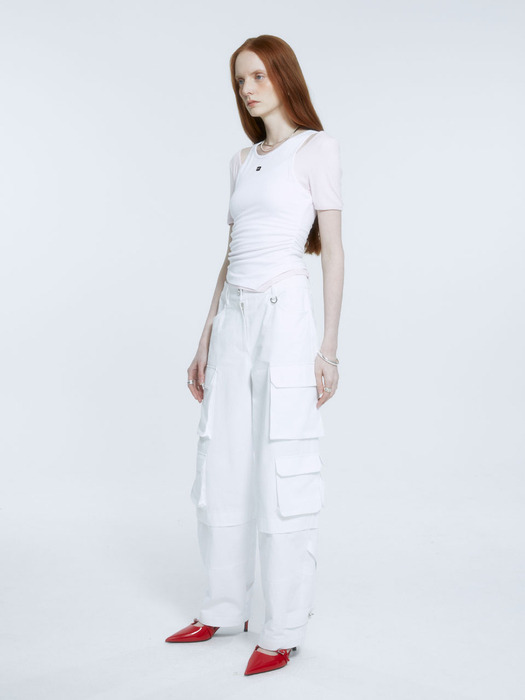 RASPAIL Double-Layered Cut-Out Contrast Jersey Top_White+Pink