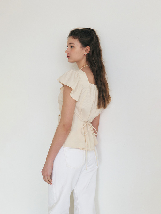 ANN shirring detail square neck blouse_Cream