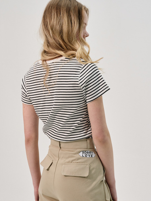 Stripe Ribbed Half-Sleeve T-Shirt_White