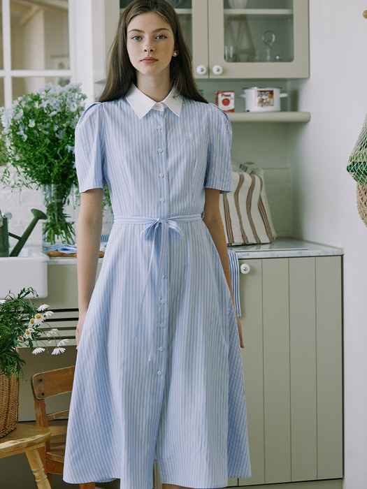 Puff Stripe Shirt Dress - Blue