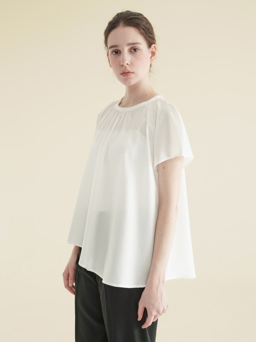 neck shirring blouse_white