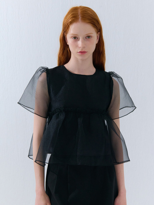 SUMMER ORGANZA SHIRRING BLOUSE BLACK