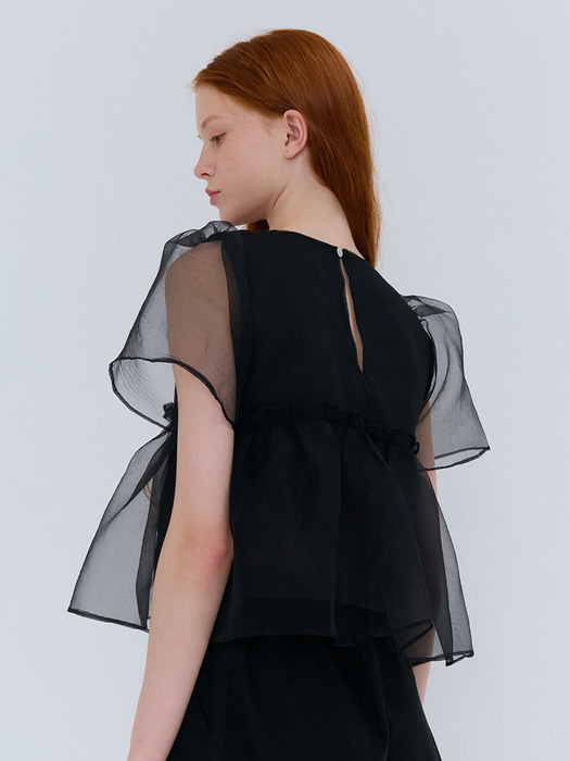 SUMMER ORGANZA SHIRRING BLOUSE BLACK