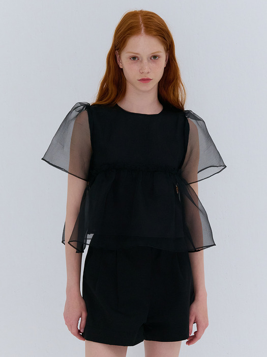 SUMMER ORGANZA SHIRRING BLOUSE BLACK