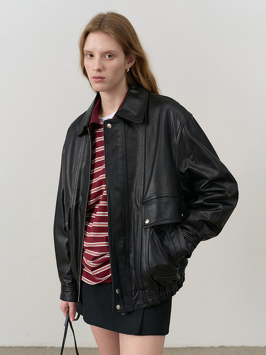 UNISEX OVERSIZED VINTAGE LEATHER BLOUSON BLACK_UDJU4C104BK