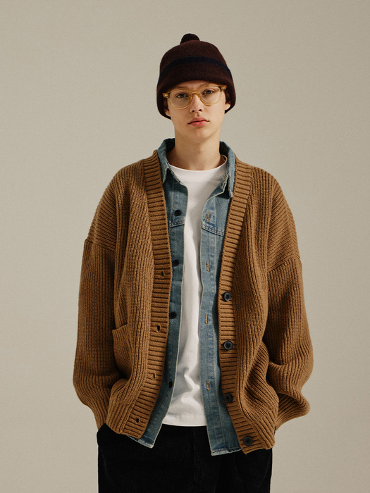 Wool Over Bulky Knit Cardigan Camel