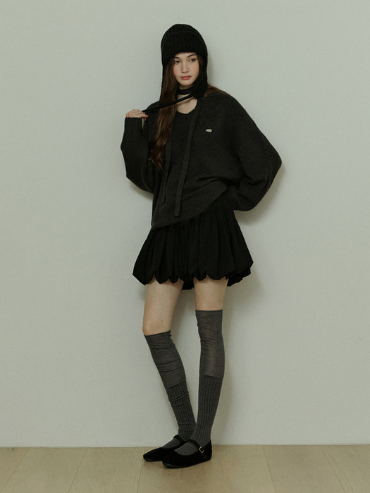 Wool balloon shirring mini skirt - black