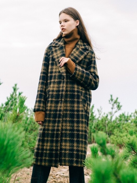 Wool Blend Deep Slit Over-Sized Single Check Coat
