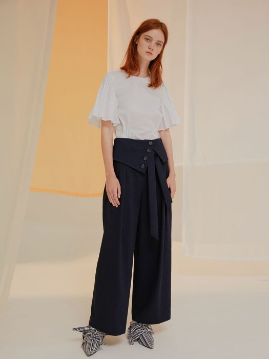 Navy Linen Blended Wide Trousers