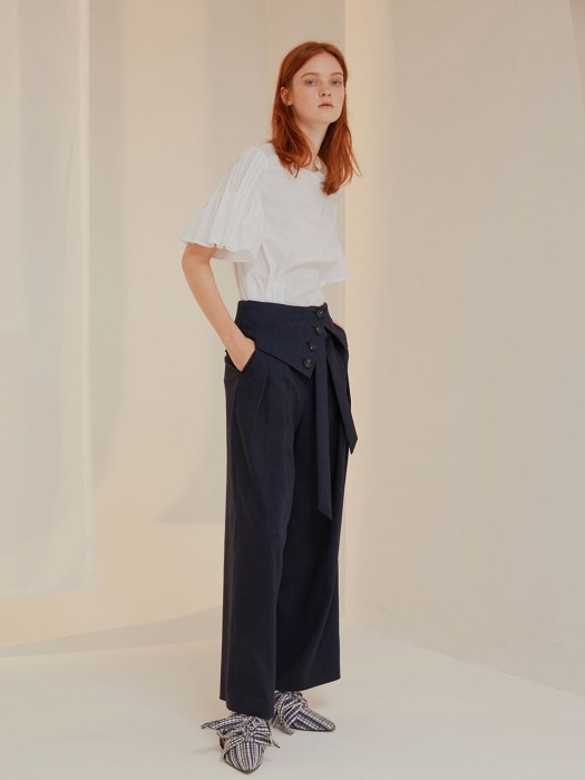 Navy Linen Blended Wide Trousers