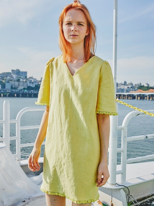 V-neck CottonLinen Fringe Dress_Yellow