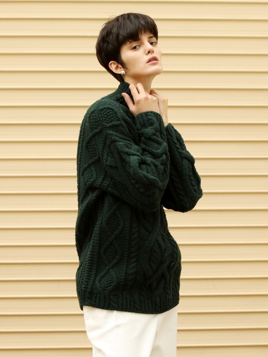 Cable knitted wool sweater_Green
