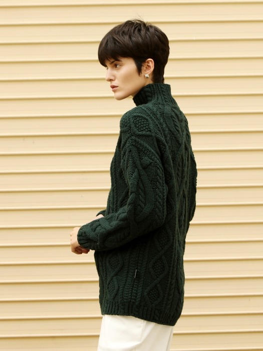 Cable knitted wool sweater_Green