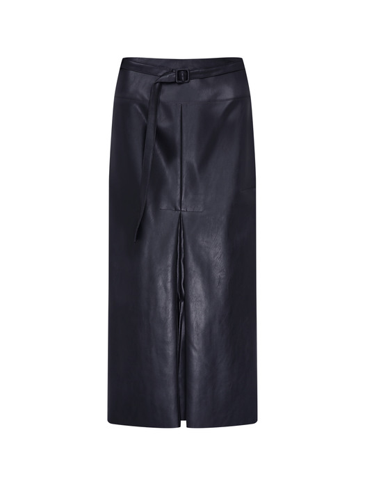 ECO LEATHER BELTED PLEATS LONG SKIRT in Black [U0W0S203/99]