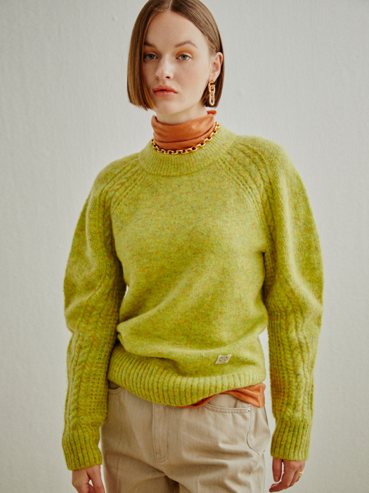 CABLE SLEEVE WOOL KNIT-PULLOVER LIGHT GREEN (AESW0F006E1)