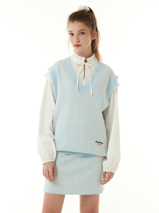 로라로라](SK-21146) SET-UP CHECK JACQUARD KNIT SKIRT LIGHT BLUE