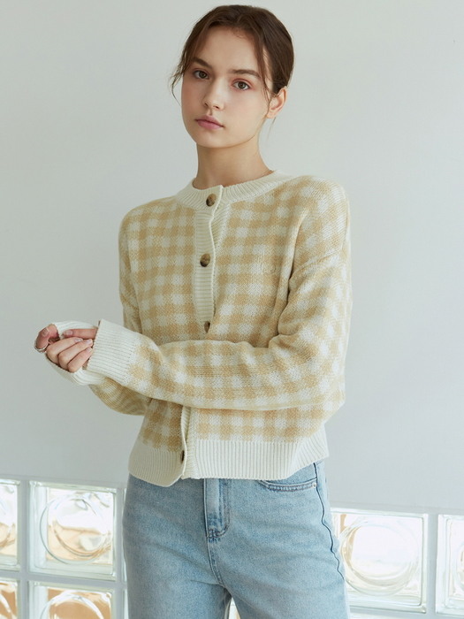 HOUND TOOTH CHECK CARDIGAN_BEIGE