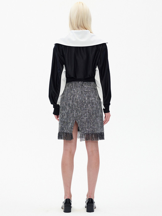 TWEED FRINGE SKIRT, BLACK