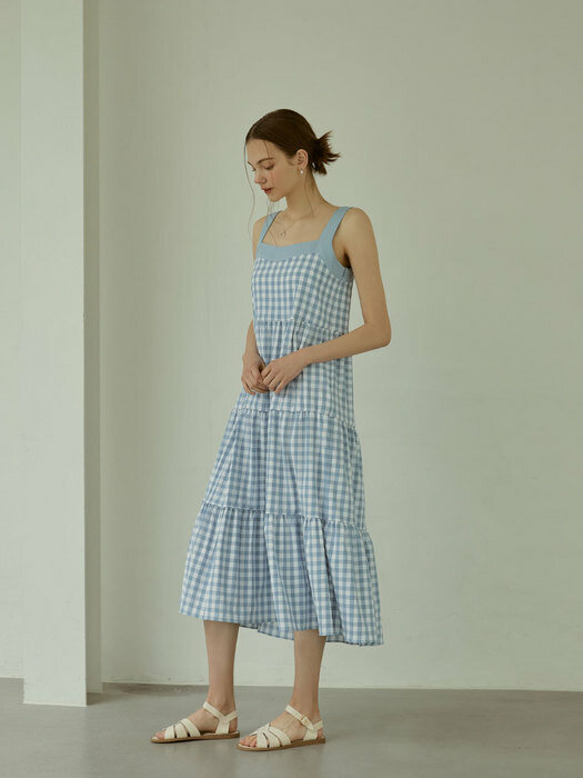 summer check sleeveless long dress(sky blue)