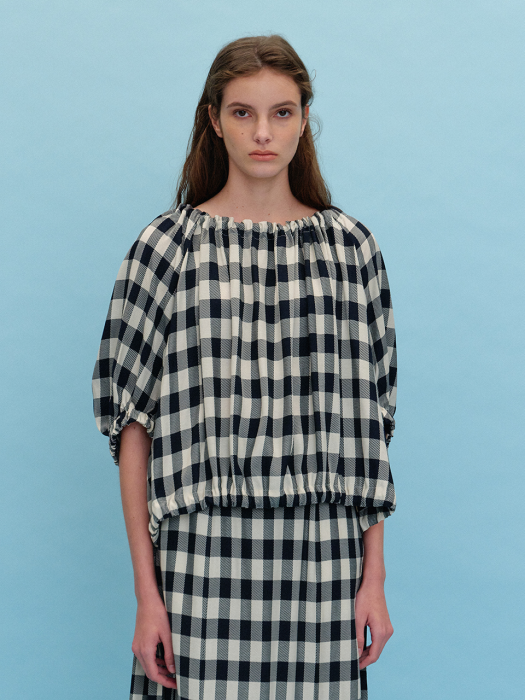 ROLLY Short Sleeve Puff Blouse - Black/Ivory Check