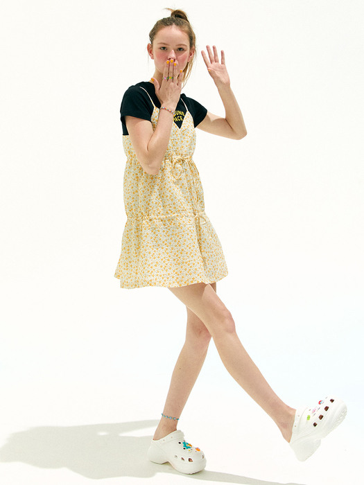 Flower Shirring Slip Dress_Yellow