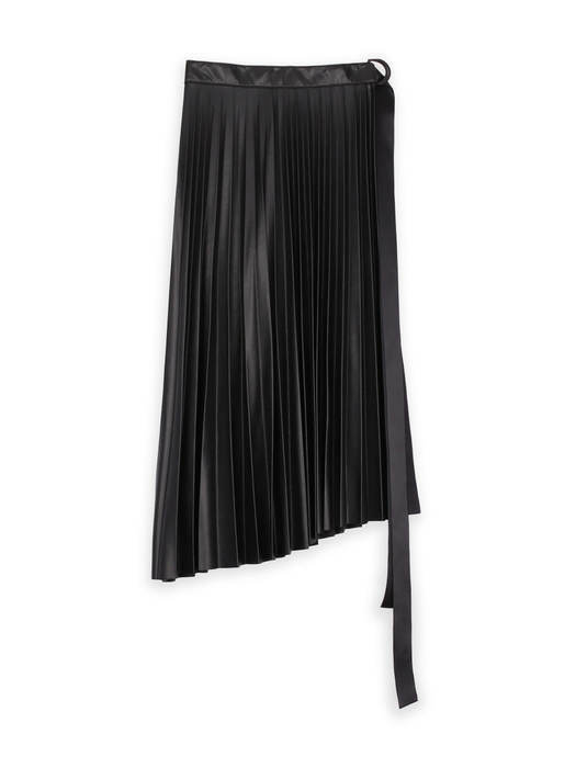 Long Belted Pleats Wrap Skirt BLACK