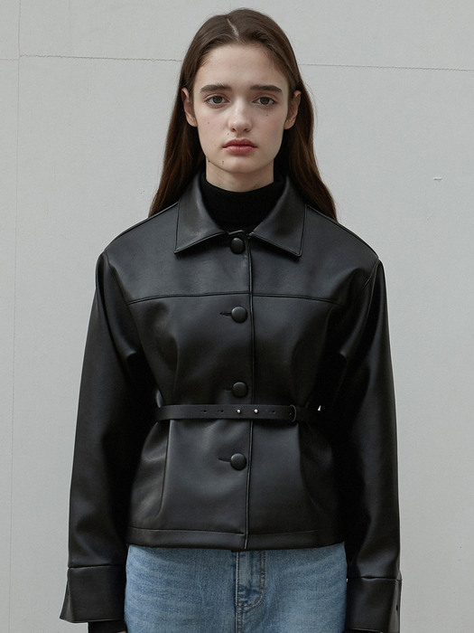 iuw1053 belted fake leather jacket (black)