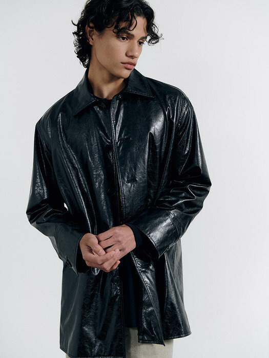 Faux Leather Half Jacket-Black