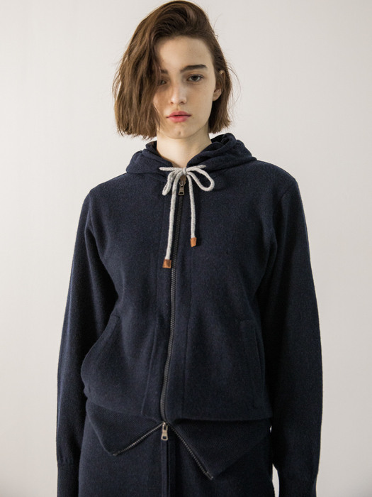 cashmere hood zip-up Navy