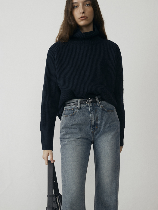 UNISEX RIBBED FUNNEL NECK WOOL SWEATER MIDNIGHT NAVY_UDSW1D113N3