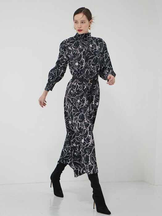 High-neck big pattern dress  [ begie, black ]