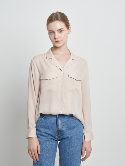 POCKET DETAIL SILK BLOUSE PINK BEIGE