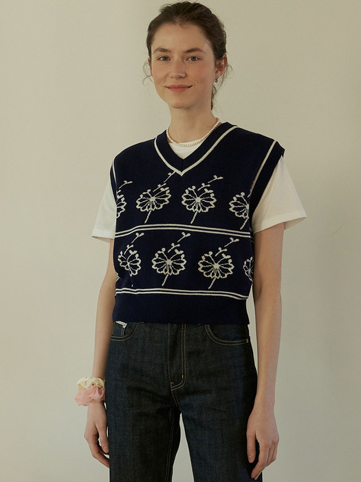 A FLOWER SEED LINE VEST_NAVY