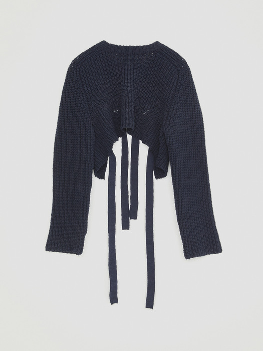 COTTON RIBBON-TIES KNITTED CARDIGAN (NAVY)