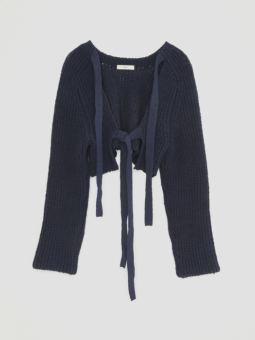 COTTON RIBBON-TIES KNITTED CARDIGAN (NAVY)