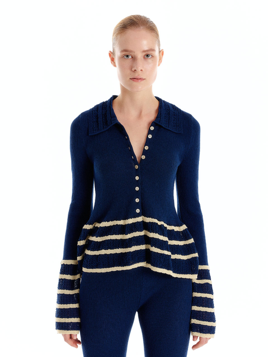 URILL Frilled Knit Shirt - Navy/Beige