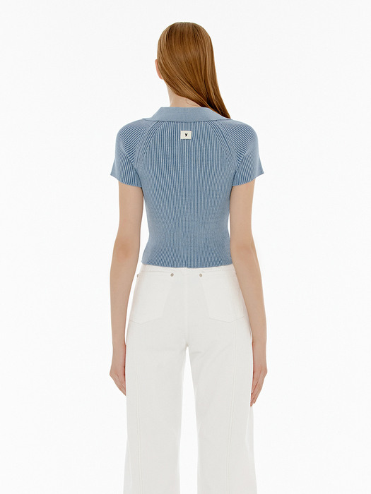 TWO TONE HALF SLEEVE TWO WAY ZIP-UP KNIT TOP - LIGHT BLUE