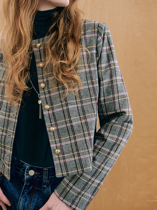 Checked Gold Button Crop Jacket_brown