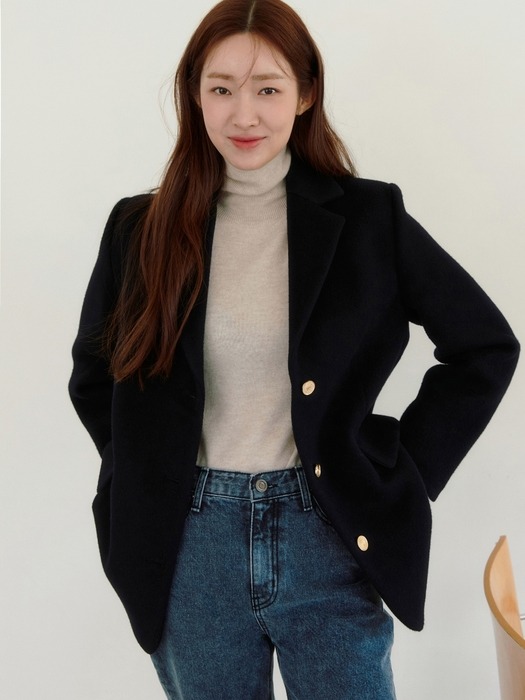 gold button wool half coat - navy