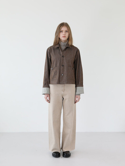 Crop work shirts jacket - brown