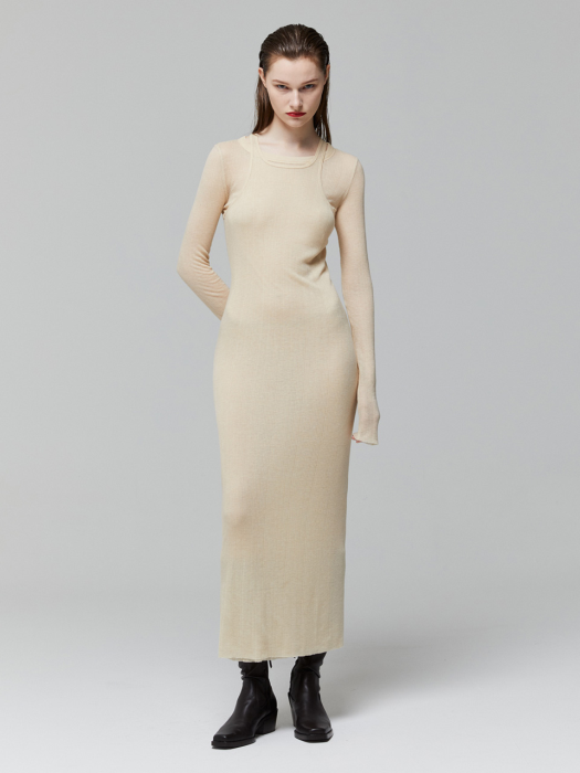 CUTTING HALTER SLIM KNIT DRESS_BEIGE