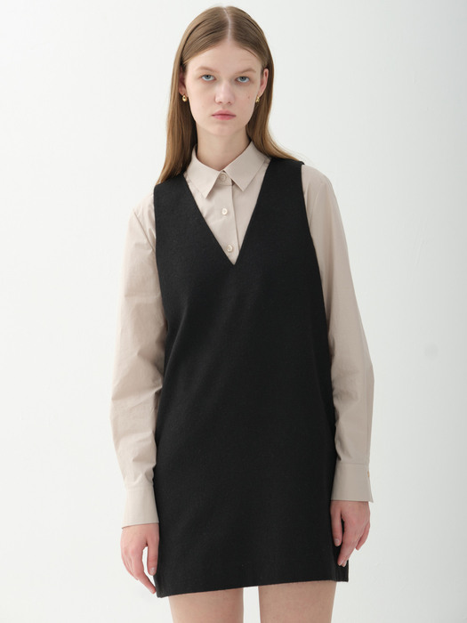 wool blend V-neck mini dress_black