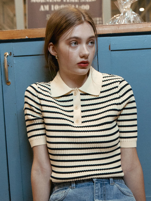 Stripe Open Collar Pullover