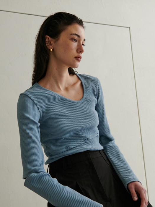 Unbalanced button knit top - Blue